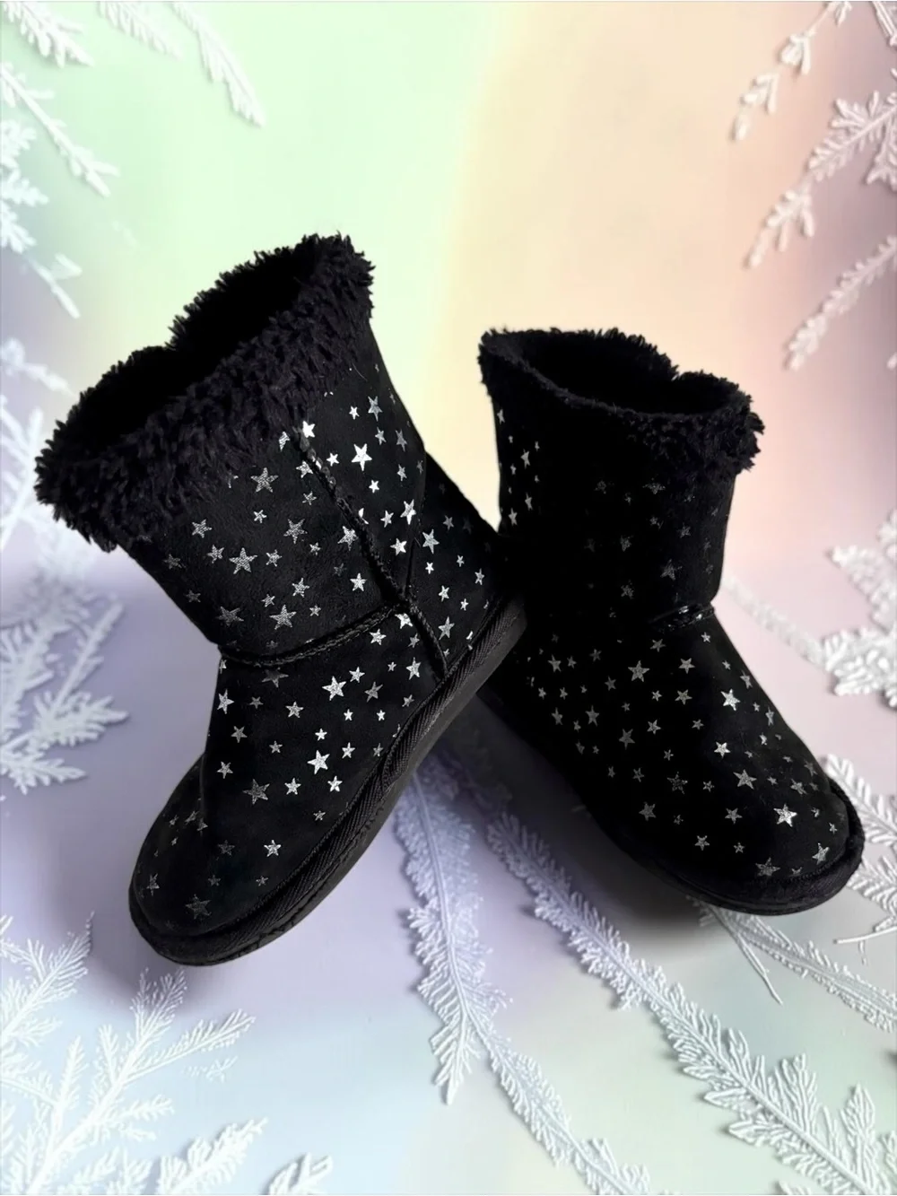 Lily & Dan Black Toddler Girls Star Print Faux‑Suede Winter Boots Size 11/12 EUC
